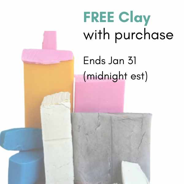 blocks of polymer clay stating free clay with purchase ends jan 31 2026