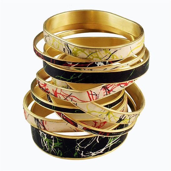 Silk Screened Bangles by Louise Fischer Cozzi Brass bracelet blanks sold at shadesofclay.com