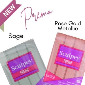 now in Canada. 2 new Sculpey Souffle colours Thistle and Almond Rose and 2 new Sculpey Premo colours, Sage and Rose Gold metallic. 2oz packages.
