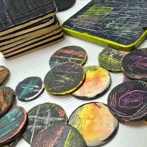 Examples made using Wendy's technique from her Scratching the Surface workshop using polymer clay, wood bases and acrylic paint. Her workshop is now available for purchase.