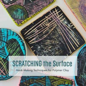 Examples of the abstract polymer clay and wood pieces you will learn to make in Wendy's scratching the surface workshop