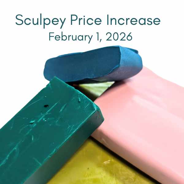 picture of a mound of coloured polymer clay with a price increase for all sculpey brand products starting feb 1 2026