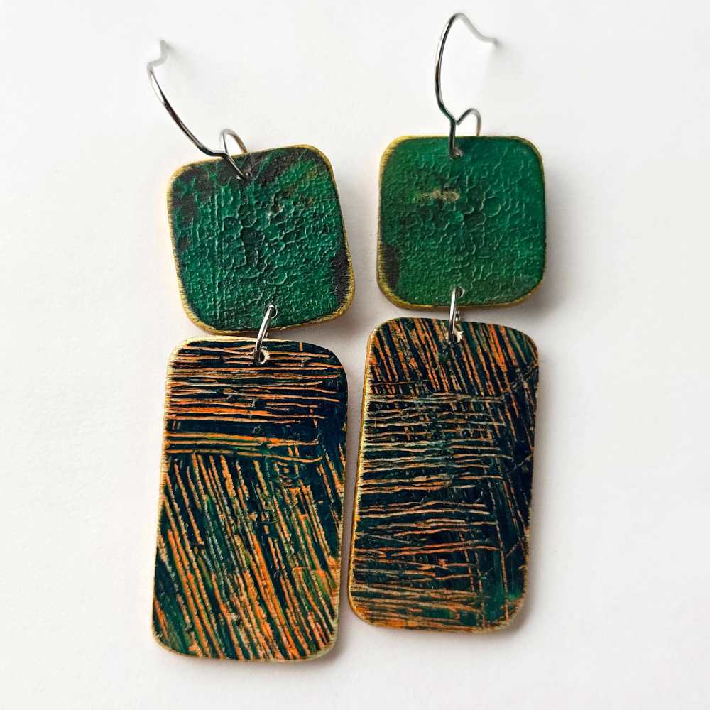 2 Stack No. 2 hand-painted wood earrings with original mark-making