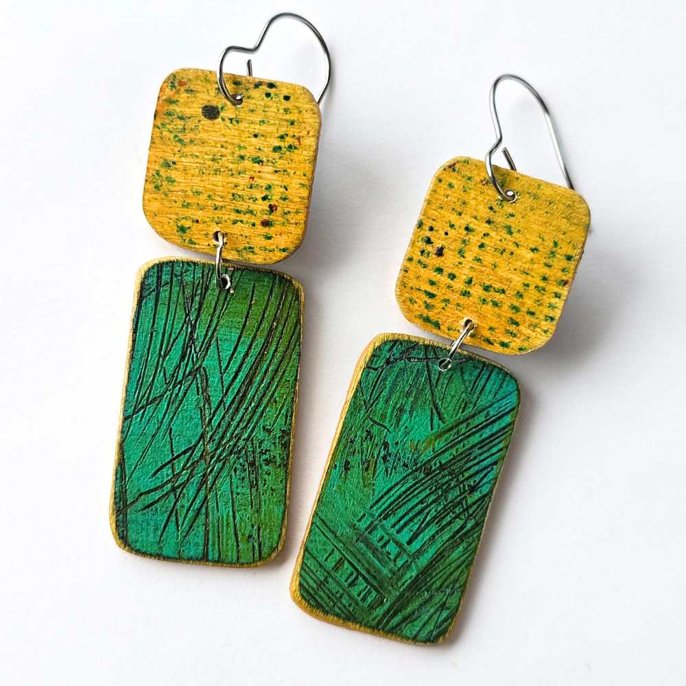 2 Stack No. 4 hand-painted wood earrings with original mark-making