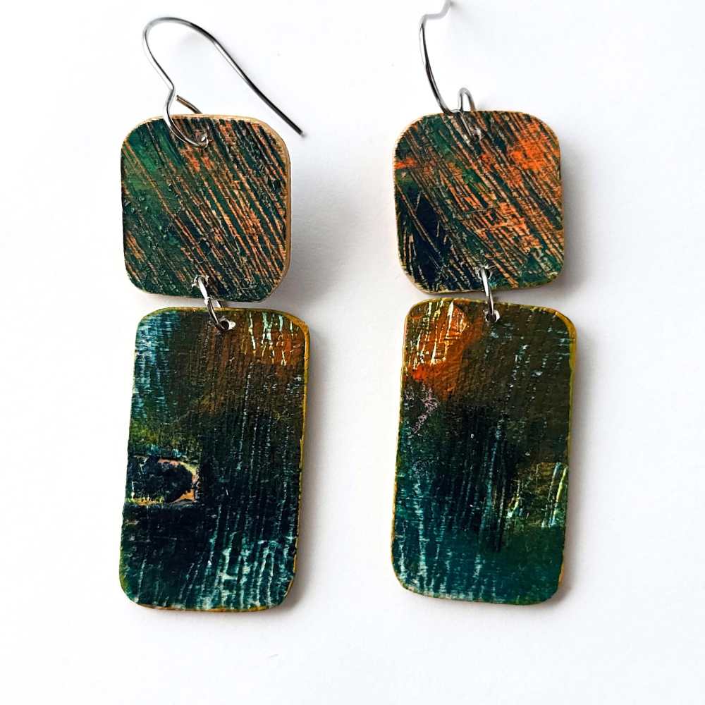 2 Stack No. 5 hand-painted wood earrings with original mark-making