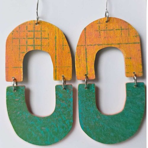 Hand-painted wood earrings with original mark-making.