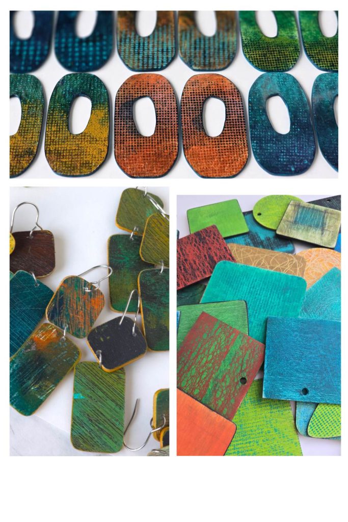a collage of 3 images showing painted jewelry on cut out wood shapes