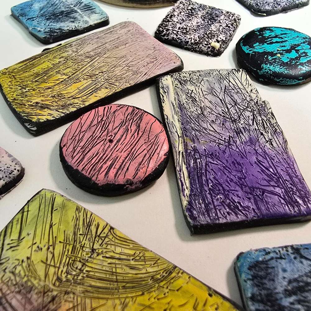 colourful elements with a scratching technique from the scratching the surface workshop being offered